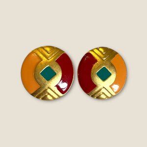 Brushed Gold & Enamel Round Earrings Vintage Abstract Geometric Design Multicolo